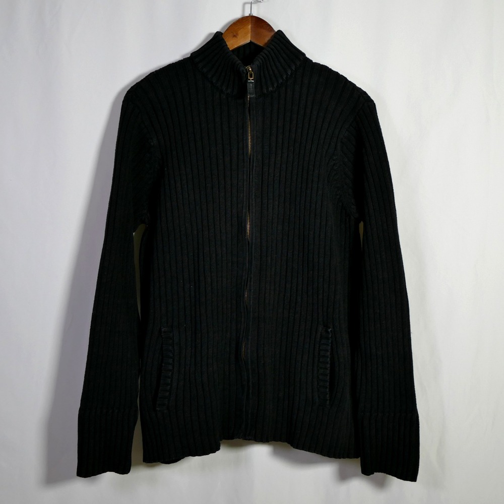 Lauren Ralph Lauren Full Zip Mock Neck Cardigan Size 3X Black Ribbed Knit Preppy